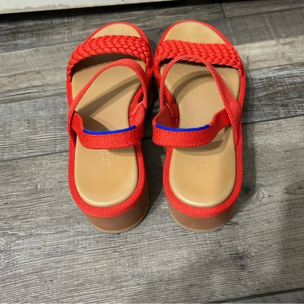 Rothy's The Lightweight Platform Wedge Sandals Red Hot Woven Size 9